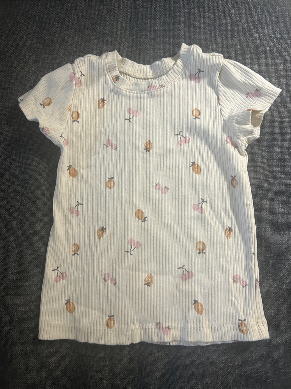 Girls' Cream Ribbed Short Sleeve Tee with Pink & Peach Fruit Motif